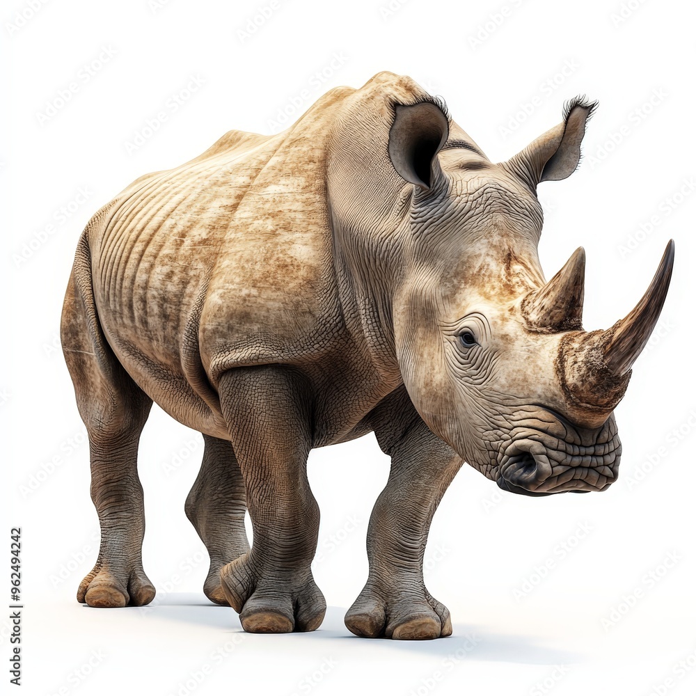 A rhino with a horn on its head is standing on a white background A rhino with a horn on its head is standing on a white background