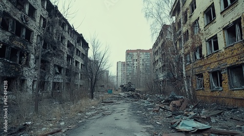  War-torn urban cityscape featuring crumbling buildings and scattered debris, abandoned streets evoking a desolate and eerie atmosphere. 