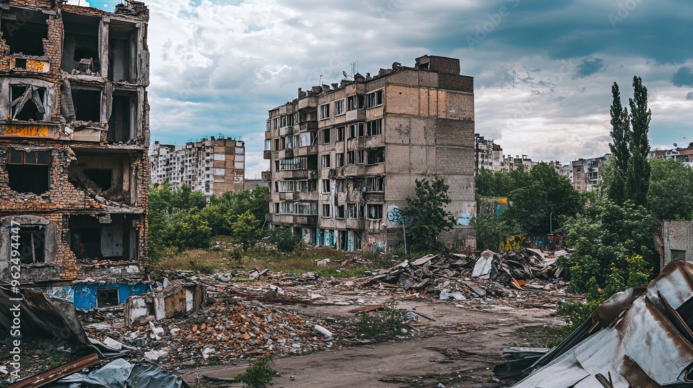 Fototapeta premium A war-torn urban cityscape depicting destroyed buildings and debris scattered across abandoned streets. The scene captures the desolate atmosphere of a ruined metropolis