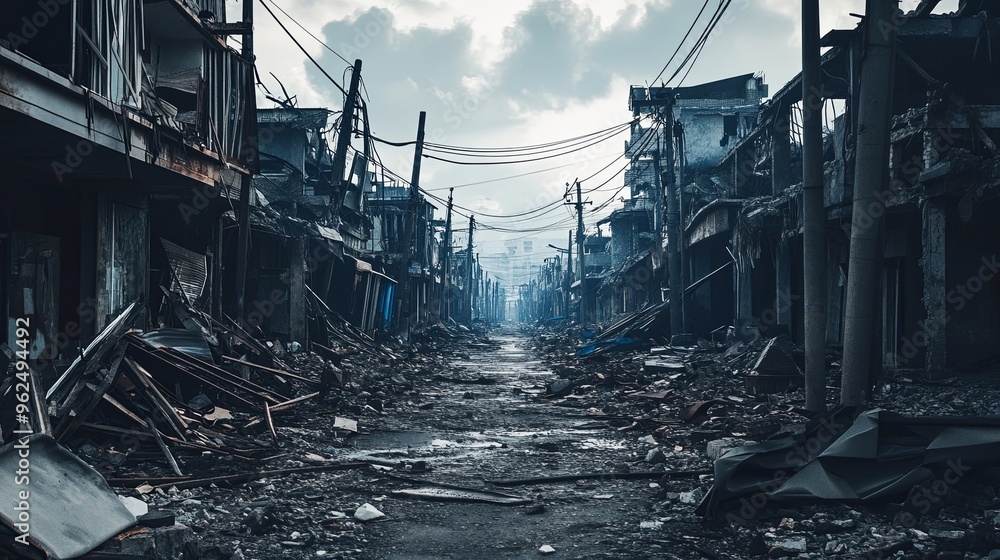 A war-torn urban cityscape depicting destroyed buildings and debris scattered across abandoned streets. The scene captures the desolate atmosphere of a ruined metropolis A war-torn urban cityscape depicting destroyed buildings and debris scattered across abandoned streets. The scene captures the desolate atmosphere of a ruined metropolis