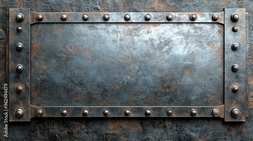 A rusty metal plate with rivets, bolts and a weathered texture, perfect for adding an industrial or vintage feel to your designs.
