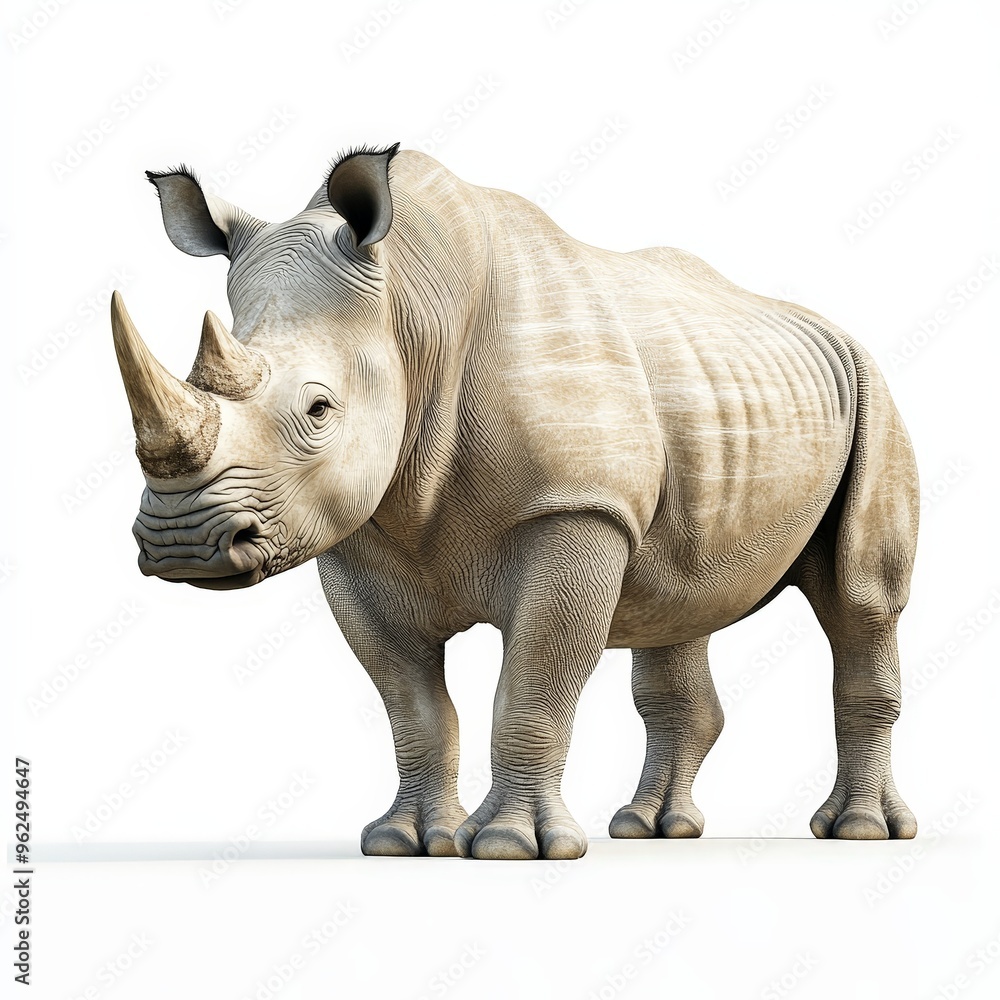 Fototapeta premium A white rhino with a horn on its head stands on a white background