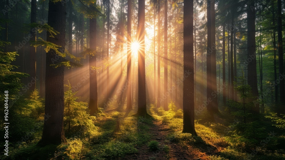 Obraz premium Sunlight beams through tall trees in a lush forest, creating a beautiful interplay of light and shadow. The scene is serene and picturesque, perfect for themes of nature, tranquility, and the beauty
