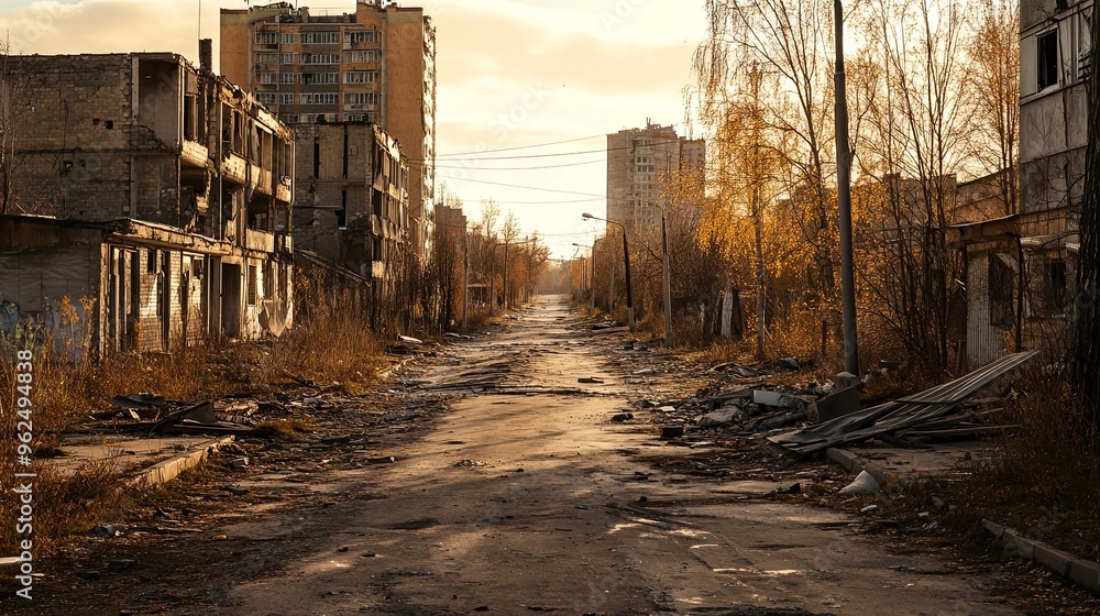 Desolate war-torn urban cityscape with crumbling buildings and scattered debris, abandoned streets reflecting destruction and decay. Desolate war-torn urban cityscape with crumbling buildings and scattered debris, abandoned streets reflecting destruction and decay.