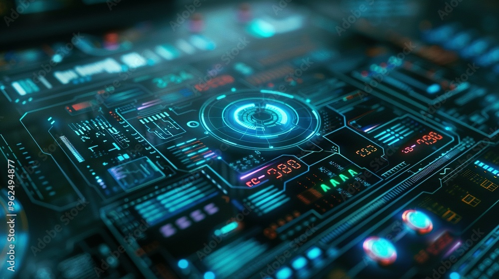 Digital Interface Featuring a Futuristic Command Prompt with a Holographic Computer Screen: Advanced Technology and Cybernetic Innovation Digital Interface Featuring a Futuristic Command Prompt with a Holographic Computer Screen: Advanced Technology and Cybernetic Innovation