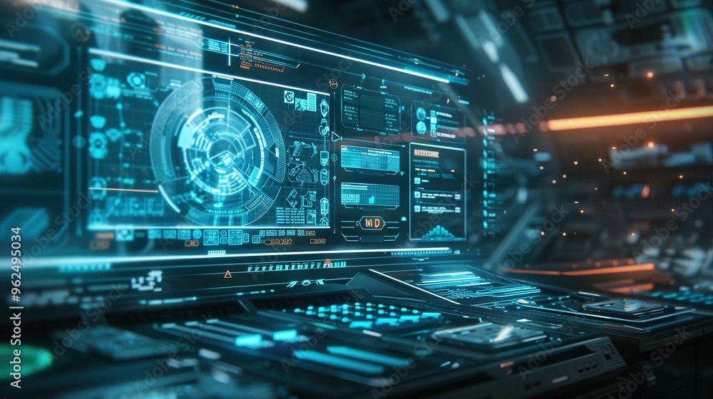 Digital Interface Featuring a Futuristic Command Prompt with a Holographic Computer Screen: Advanced Technology and Cybernetic Innovation Digital Interface Featuring a Futuristic Command Prompt with a Holographic Computer Screen: Advanced Technology and Cybernetic Innovation