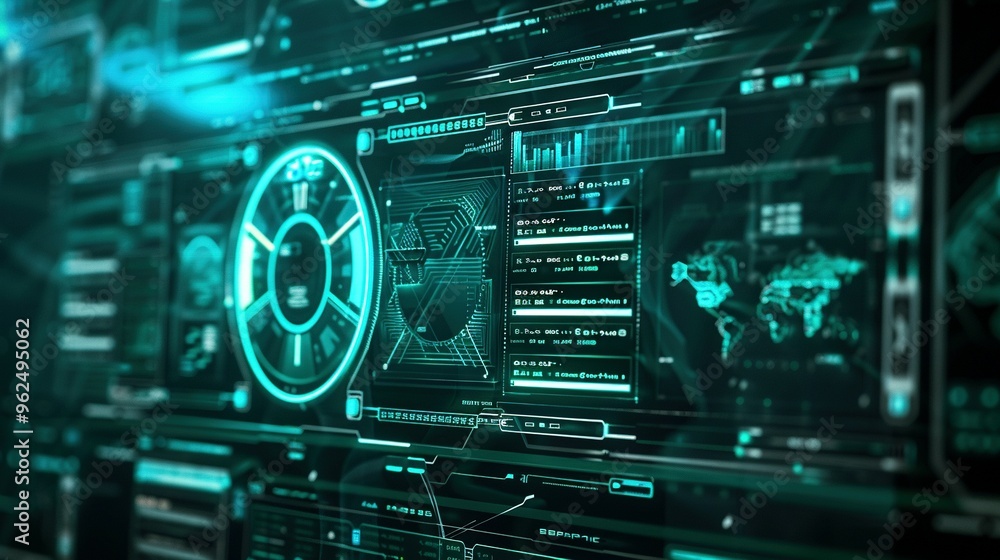 Digital Interface Featuring a Futuristic Command Prompt with a Holographic Computer Screen: Advanced Technology and Cybernetic Innovation Digital Interface Featuring a Futuristic Command Prompt with a Holographic Computer Screen: Advanced Technology and Cybernetic Innovation