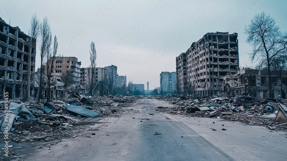 War-torn urban cityscape featuring crumbling buildings and scattered debris, abandoned streets evoking a desolate and eerie atmosphere. War-torn urban cityscape featuring crumbling buildings and scattered debris, abandoned streets evoking a desolate and eerie atmosphere.