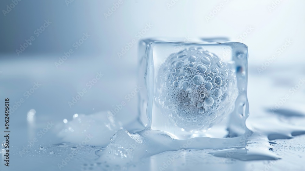 Photo of frozen genetic material, egg in ice cube on white background. Photo of frozen genetic material, egg in ice cube on white background.