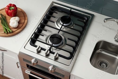 Three-Dimensional Top View of a Stainless Steel Gas Hob in an Apartment Kitchen