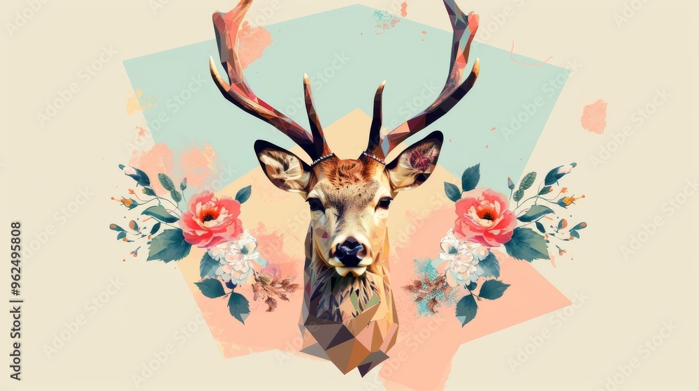 A stunning polygonal illustration of a deer with large antlers embellished with vibrant flowers, set against a minimalistic background. The combination of geometric shapes and colorful floral elements A stunning polygonal illustration of a deer with large antlers embellished with vibrant flowers, set against a minimalistic background. The combination of geometric shapes and colorful floral elements