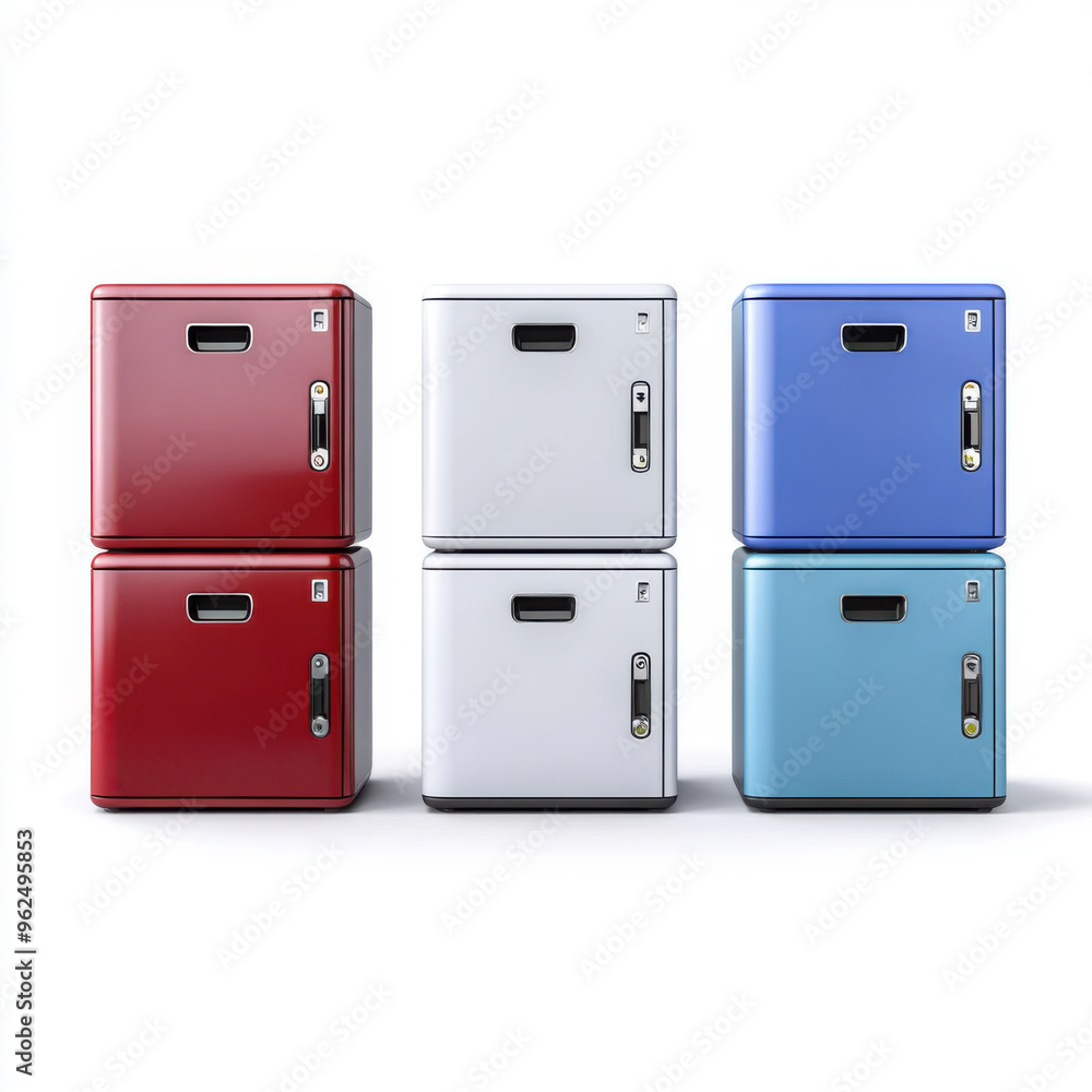 A row of square-shaped lockers in red, white, and blue, designed for personal or office storage, arranged in a neat, compact format.