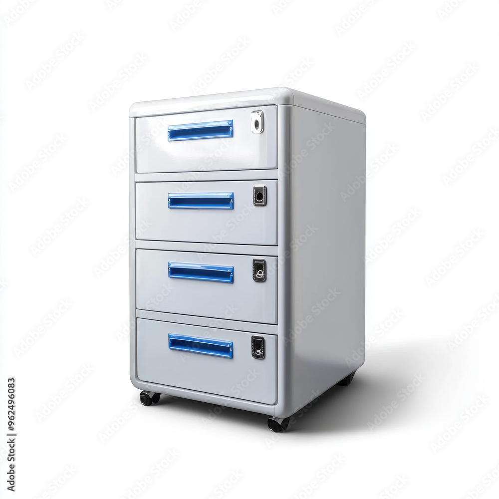 A four-drawer medical storage cart with a sleek design, blue handles, and lockable drawers on caster wheels for mobility. A four-drawer medical storage cart with a sleek design, blue handles, and lockable drawers on caster wheels for mobility.