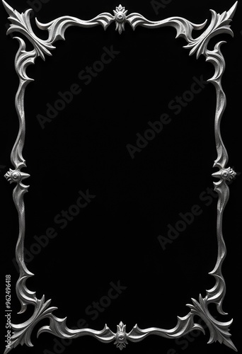 A 3D rendering of an intricate silver Gothic frame set against a black background.