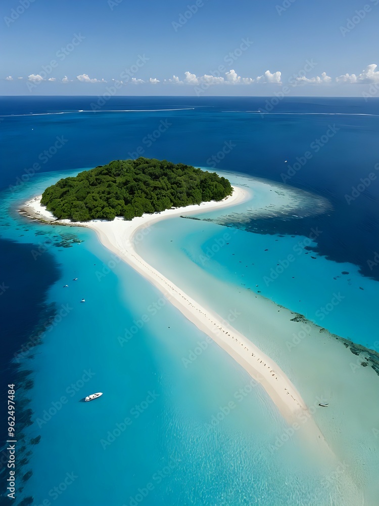 A small island is surrounded by crystal-clear blue waters, with fine white sand shimmering under the sunlight, resembling a natural paradise isolated from the outside world A small island is surrounded by crystal-clear blue waters, with fine white sand shimmering under the sunlight, resembling a natural paradise isolated from the outside world