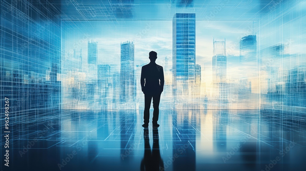 Architect silhouette against a backdrop of architectural blueprints and 3D building models Architect silhouette against a backdrop of architectural blueprints and 3D building models