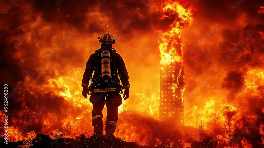 Firefighter silhouette with flames and the outline of a towering, blazing structure Firefighter silhouette with flames and the outline of a towering, blazing structure