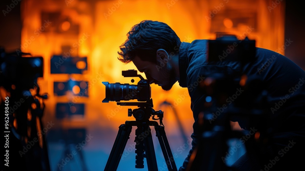 Fototapeta premium Photographer silhouette combined with camera lenses, film, and a studio backdrop