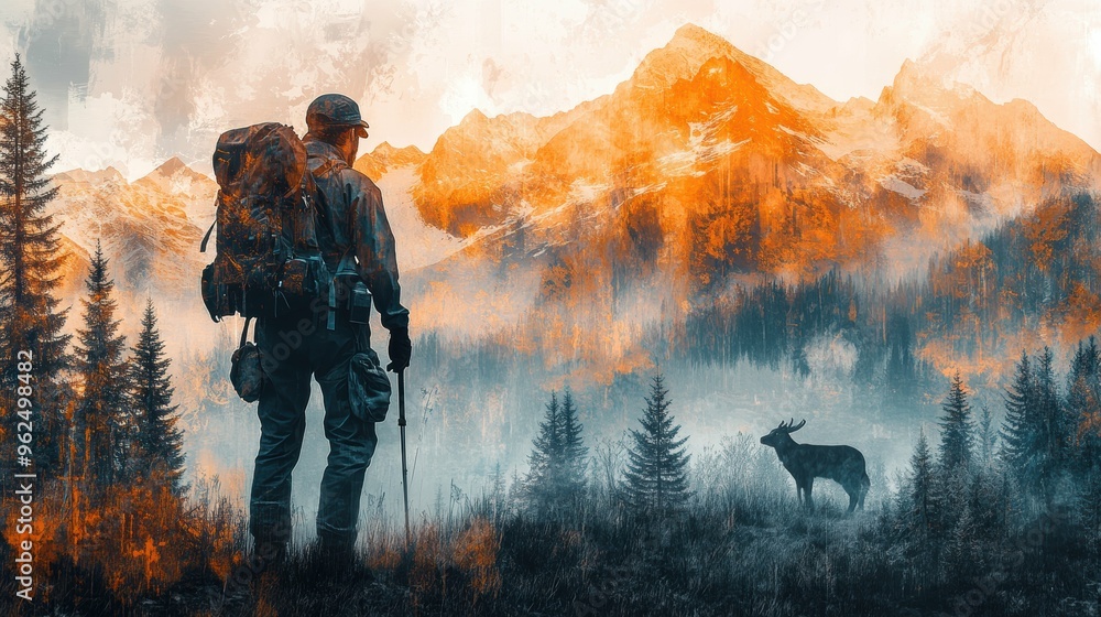 Fototapeta premium Park Ranger silhouette overlaid with hiking gear, wildlife, and a majestic natural landscape