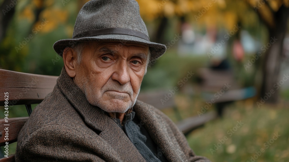 Elderly man sitting alone on a park bench, a look of loneliness and isolation etched on his face Elderly man sitting alone on a park bench, a look of loneliness and isolation etched on his face