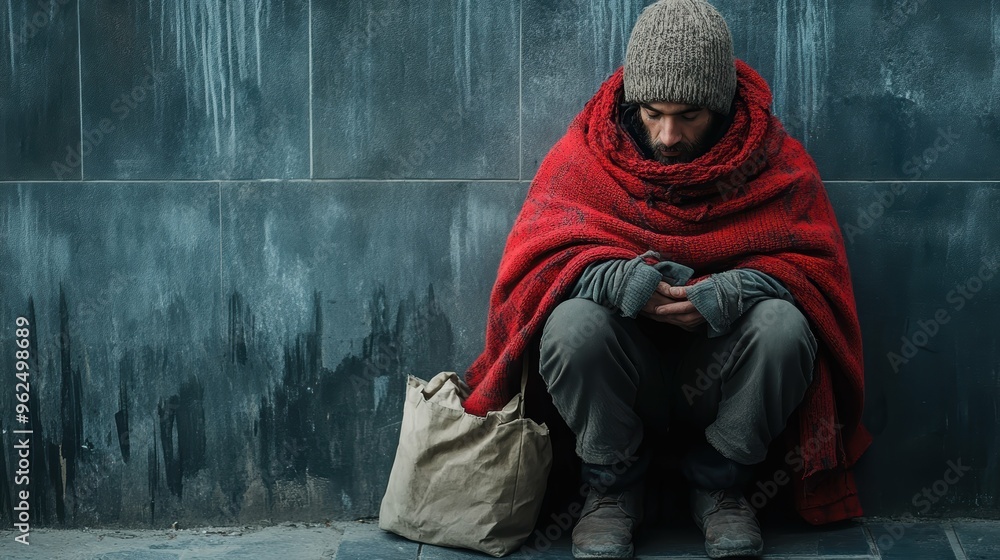 Homeless person huddled on a city sidewalk, exposed to the harsh elements, facing hardship Homeless person huddled on a city sidewalk, exposed to the harsh elements, facing hardship