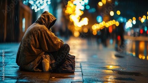 Homeless person huddled on a city sidewalk, exposed to the harsh elements, facing hardship photo