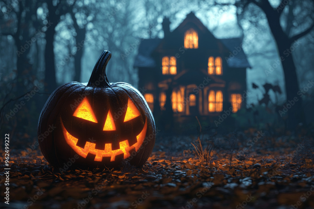 A glowing jack-o'-lantern in front of a spooky house, set in a misty, autumnal forest, capturing the Halloween spirit. A glowing jack-o'-lantern in front of a spooky house, set in a misty, autumnal forest, capturing the Halloween spirit.