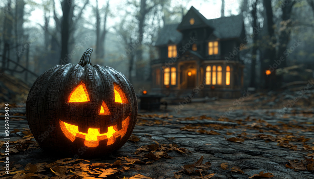 A spooky Halloween scene featuring a carved pumpkin in the foreground with a haunted house in a foggy forest backdrop. A spooky Halloween scene featuring a carved pumpkin in the foreground with a haunted house in a foggy forest backdrop.