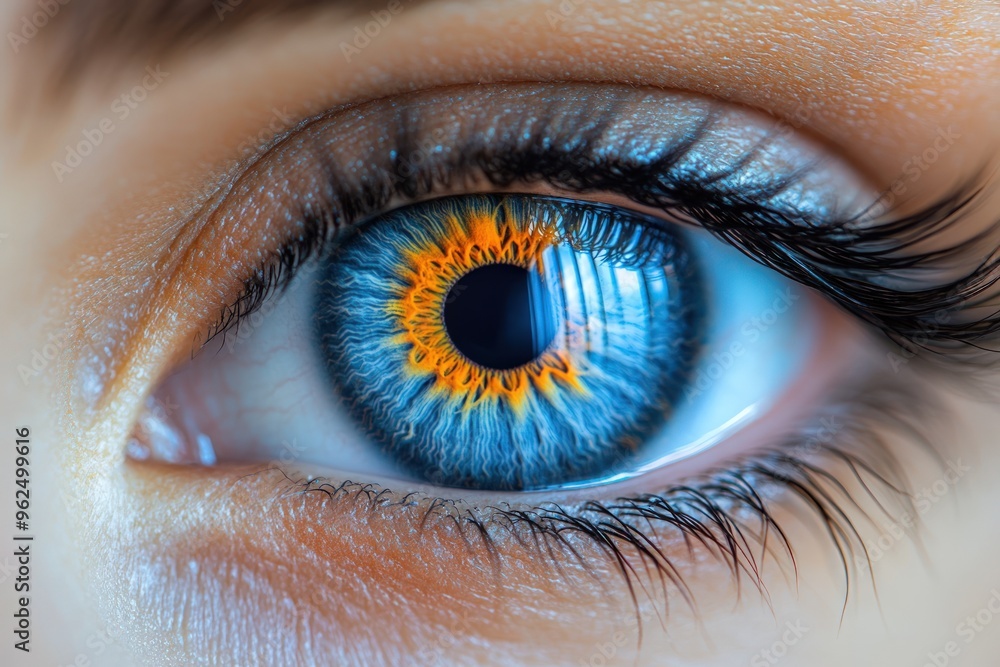 Fototapeta premium Close-up of a human eye with blue iris and reflection of light.