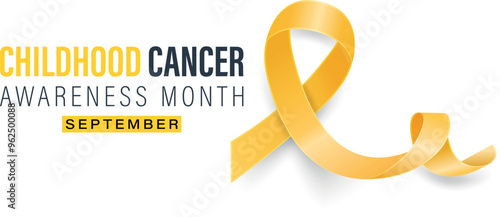 Childhood Cancer Awareness Month Banner, September. Card or Placard with Realistic 3D Vector Gold Yellow Ribbon on White Background. Childhood Cancer Awareness Symbol. World Childhood Cancer Day