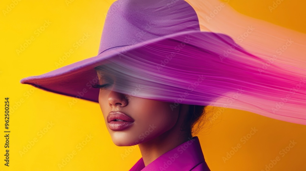 A partial view focuses on a stylish woman in a purple hat, obscured by a central gray blur, set against a bold yellow and pink background with generative ai A partial view focuses on a stylish woman in a purple hat, obscured by a central gray blur, set against a bold yellow and pink background with generative ai