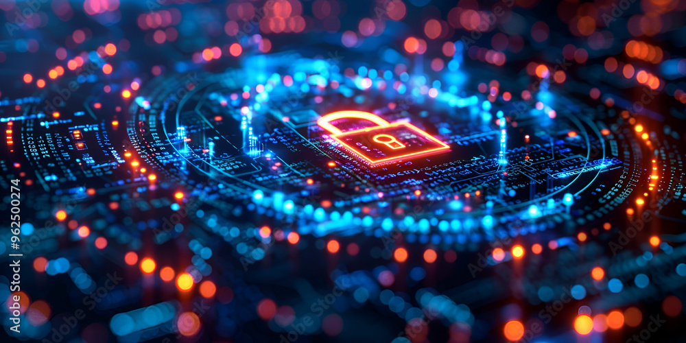 Digital Lock Security in a Cyber Network, Cybersecurity Padlock in Digital Interface
Digital Lock Security in a Cyber Network, Cybersecurity Padlock in Digital Interface