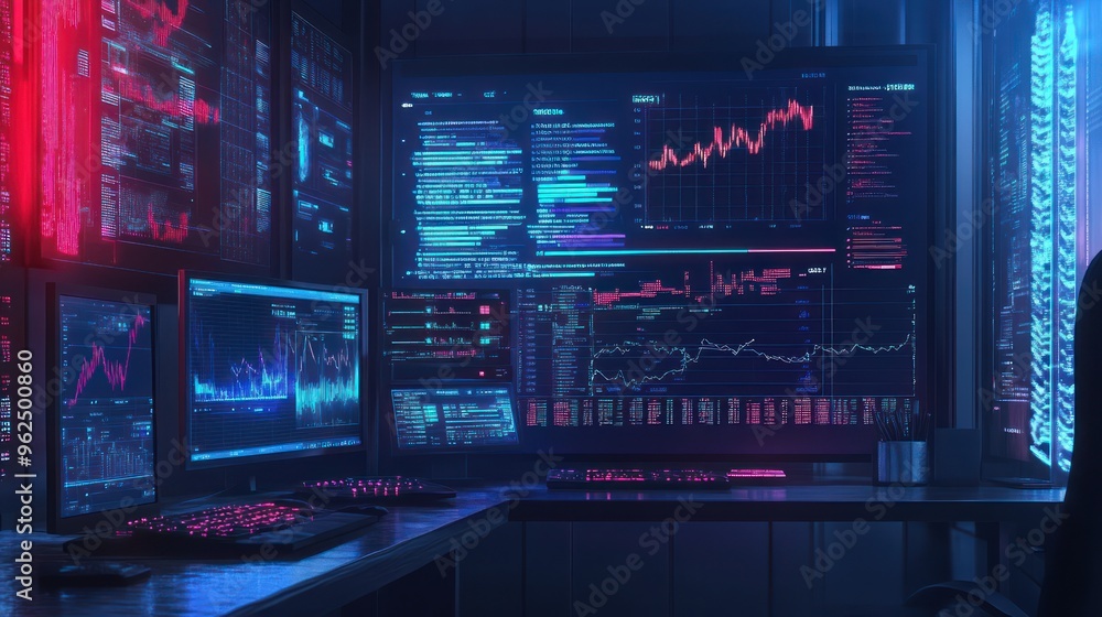 A Dark Room Filled with Computer Screens Displaying Data and Charts A Dark Room Filled with Computer Screens Displaying Data and Charts