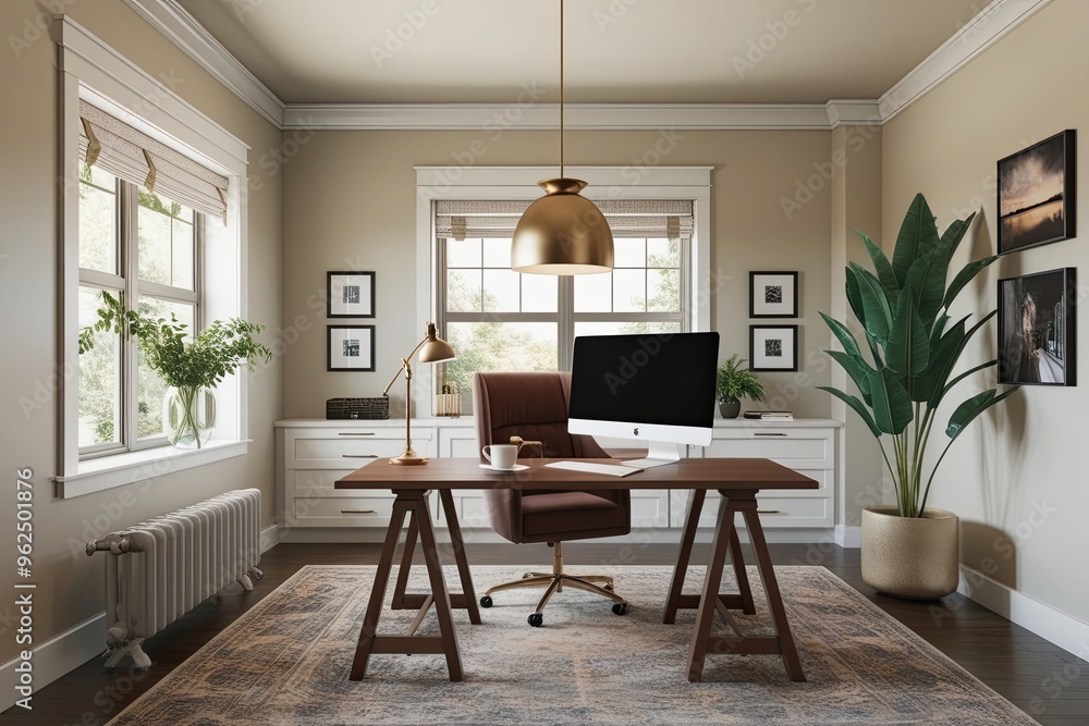 Fototapeta premium Modern Home Office 3D Render with Cozy Interior Design Mockup
