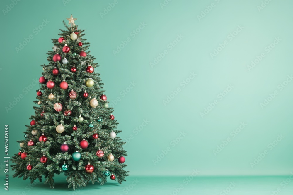 Fototapeta premium Christmas tree decorated. A vibrant Christmas tree adorned with multicolored lights and baubles, glowing against a soft green background