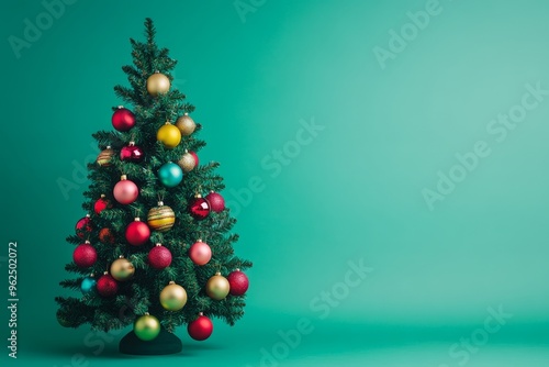 Christmas tree decorated. A vibrant Christmas tree adorned with multicolored lights and baubles, glowing against a soft green background