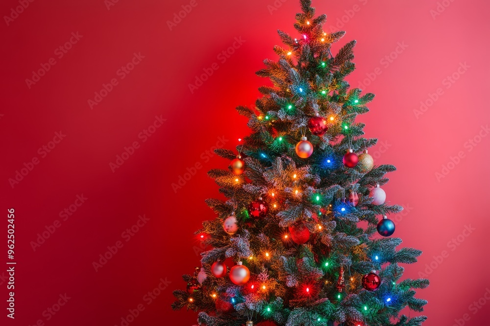 Christmas tree decorated. A vibrant Christmas tree adorned with multicolored lights and baubles, glowing against a soft red background Christmas tree decorated. A vibrant Christmas tree adorned with multicolored lights and baubles, glowing against a soft red background