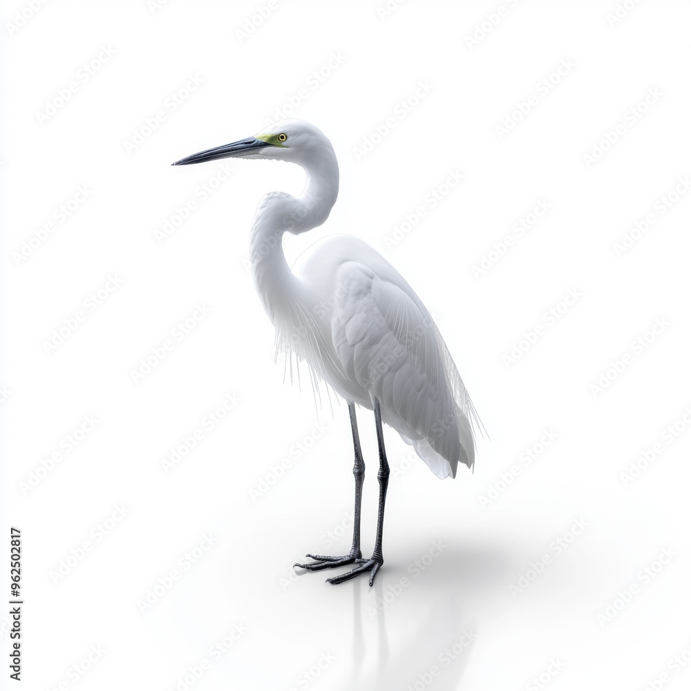 Naklejka premium A white egret standing on a reflective surface, isolated against a plain white background, showcasing its elegance and grace.