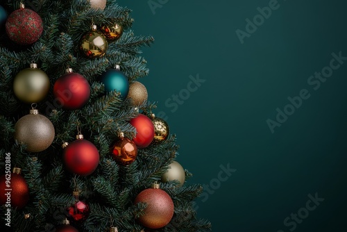 Christmas tree decorated in a dark green background room.