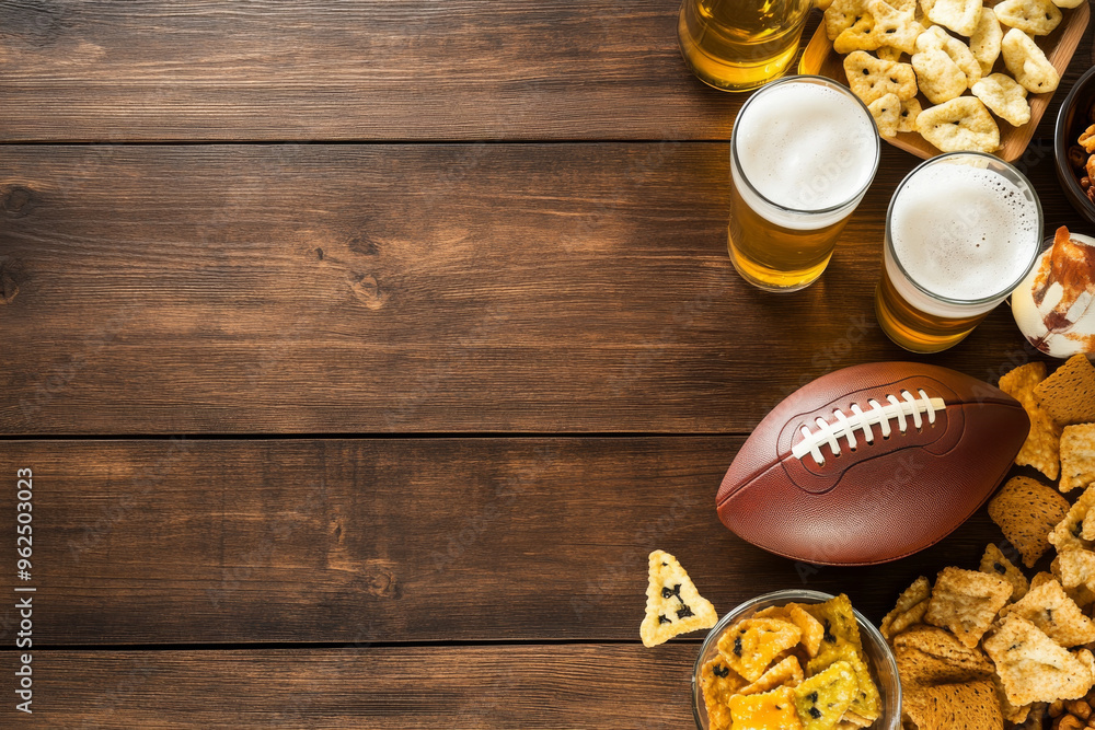 Football party setup with snacks and drinks, featuring football and beer. Perfect for game day celebrations! Football party setup with snacks and drinks, featuring football and beer. Perfect for game day celebrations!