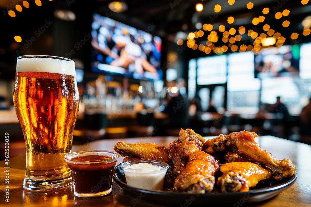 Delicious chicken wings served with dipping sauces and cold beer in lively bar atmosphere, perfect for enjoying game night. Delicious chicken wings served with dipping sauces and cold beer in lively bar atmosphere, perfect for enjoying game night.