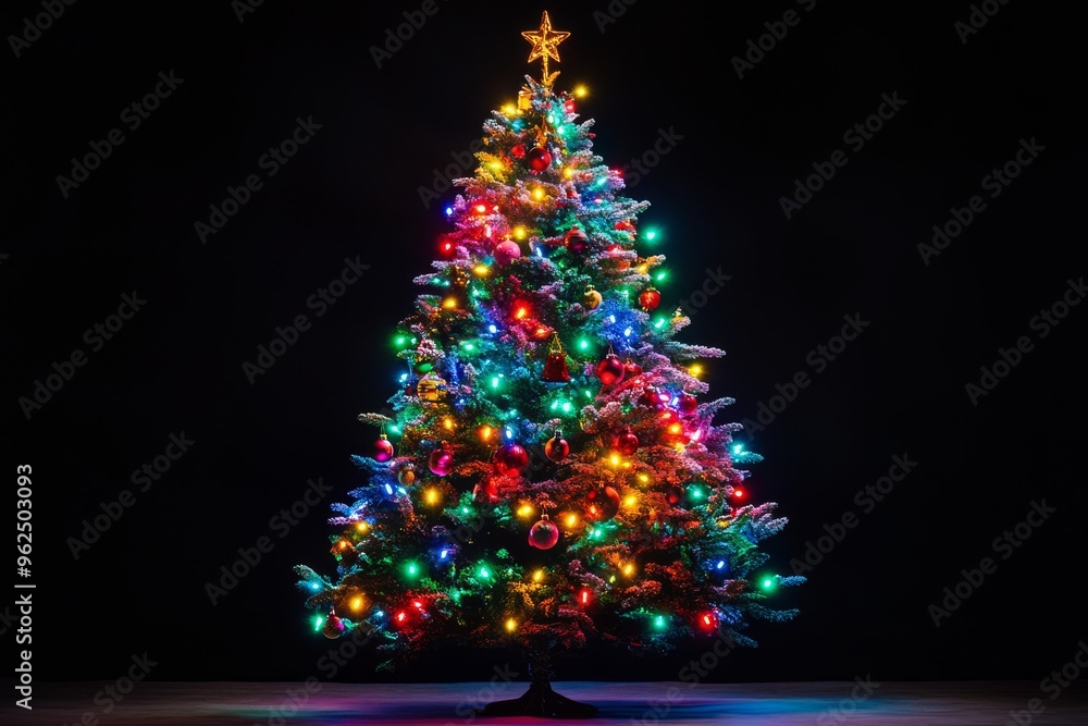 Christmas tree decorated. A vibrant Christmas tree adorned with multicolored lights and baubles, glowing against a dark background Christmas tree decorated. A vibrant Christmas tree adorned with multicolored lights and baubles, glowing against a dark background