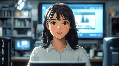 Tv news show studio room with desk for broadcast. Program presenter in newsroom with stage. Television channel woman announcer in booth with screen. Broadcaster character style anime