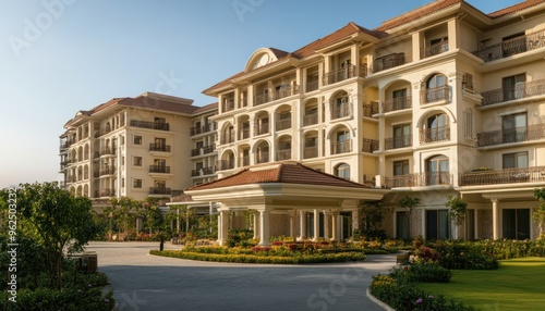 Wallpaper Mural Luxury Hotel with Balconies, Arched Windows, and a Landscaped Courtyard Torontodigital.ca