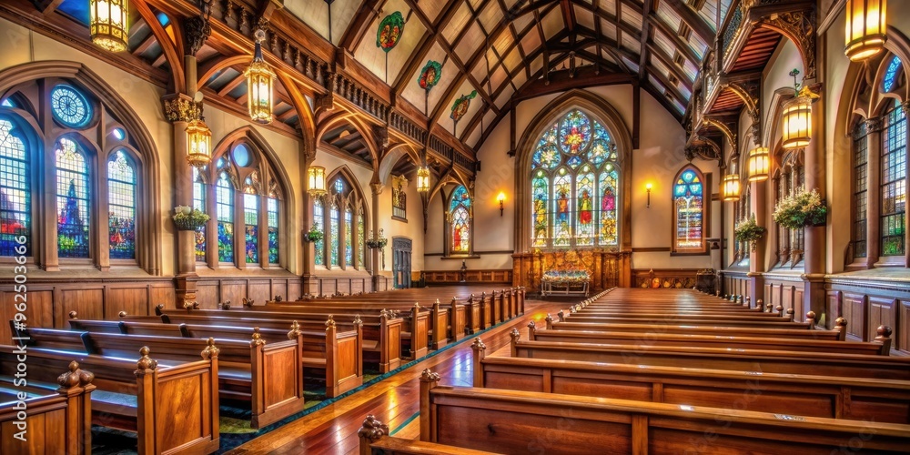 Obraz premium Interior of a grand and ornate church with stained glass windows and wooden pews, church, interior, grand