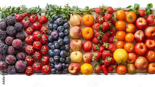 A colorful display of fruits and vegetables, including apples, oranges