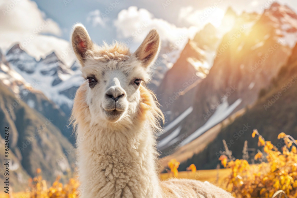 Fototapeta premium White Alpaca with Mountain Background in Sunlight