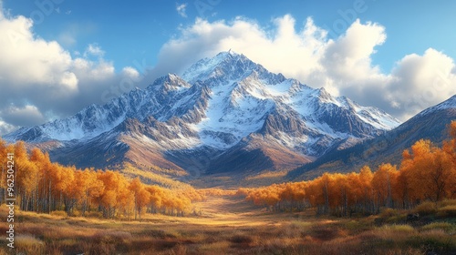 Majestic snow-capped mountain peak rises above a valley of golden autumn trees under a clear blue sky with puffy clouds.