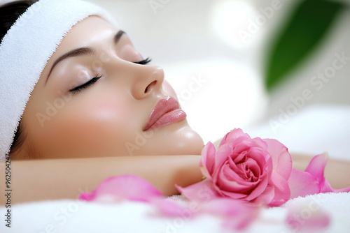 Luxurious Spa Treatment: Japanese Woman Lying on a Massage Table with Pink Flower Petals and a White Background for Beauty and Relaxation