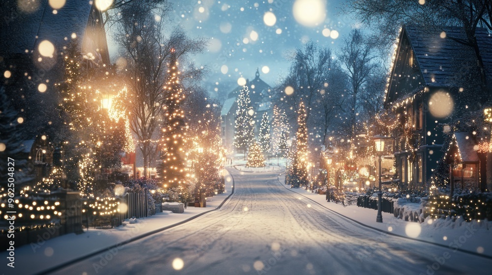 Snowy Street with Christmas Lights and Cozy Houses Snowy Street with Christmas Lights and Cozy Houses